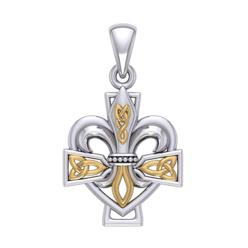 A powerful combination of Celtic elements ~ Sterling Silver with 14K Gold accent Jewelry Pendant in Fleur-de-Lis and Celtic Cross MPD6068 - Jewelry
